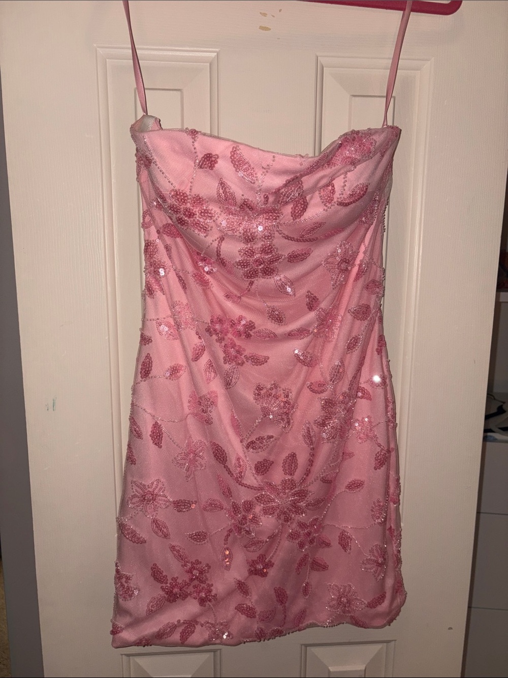 Strapless Pink Sequin Floral Mini Dress